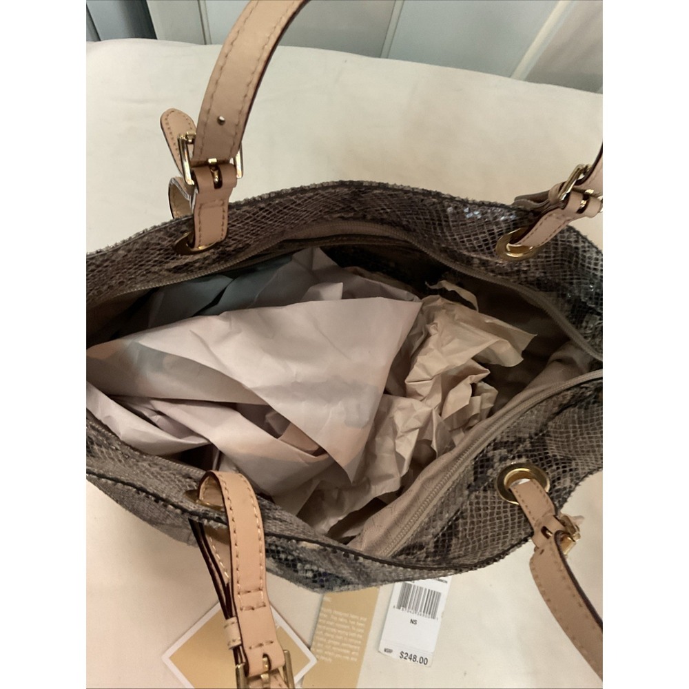 Michael Kors Python Tote Jet Set Tan Leather Shoulder Handbag MK Charm Logo - Picture 16 of 16